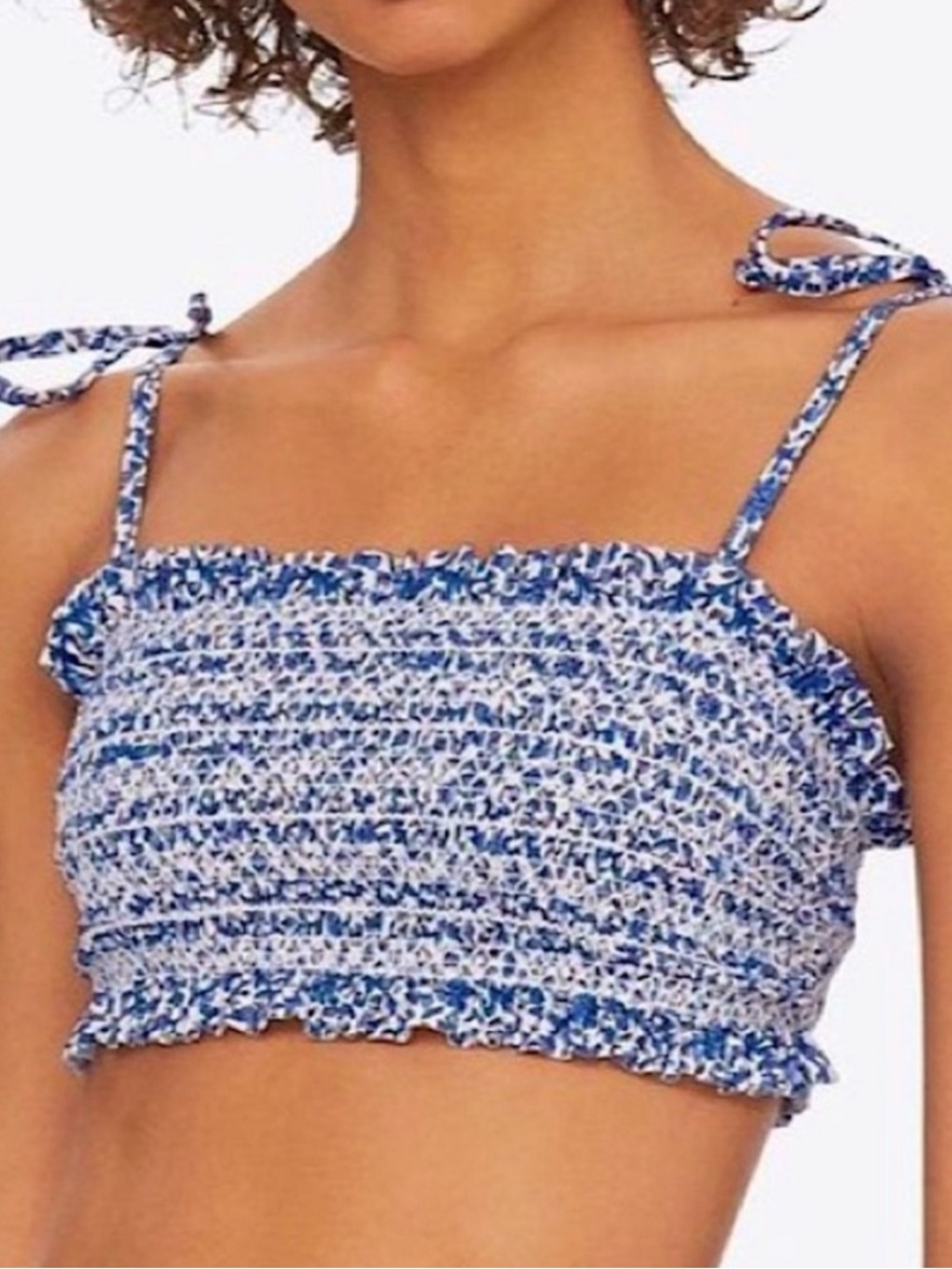 Tory Burch Costa Smocked Bandeau Bikini Top Blue Floral M